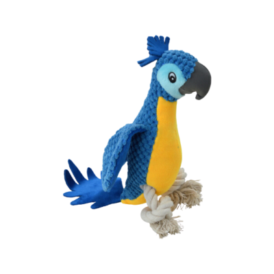 Brinquedo para cão papagaio azul e amarelo com corda branca.