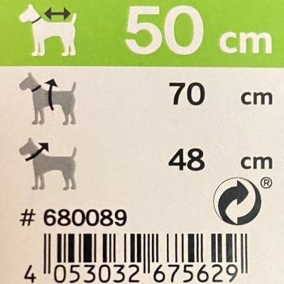 Etiqueta com ícones de cachorro, medidas e código de barras