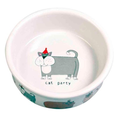 Taça branca para gato com ilustração de gato cinzento e texto cat party