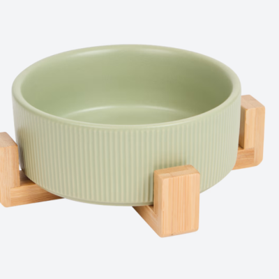 Comedouro redondo verde claro com base em madeira