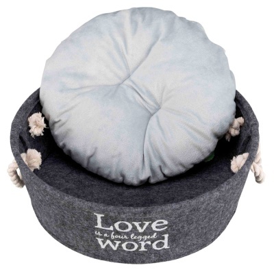 Cama redonda cinzenta escura para animais com almofada cinzenta clara e texto decorativo