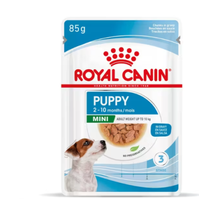 Embalagem Royal Canin Puppy Mini para cachorros 85g com imagem de cão