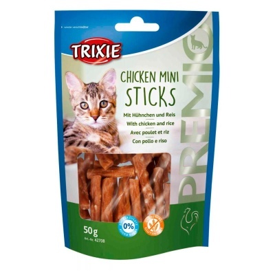 Pacote de snacks para gato Trixie Chicken Mini Sticks com imagem de gato