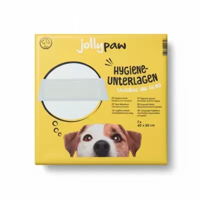 Embalagem amarela de almofadas de higiene para cães da marca jollypaw com imagem de um cão