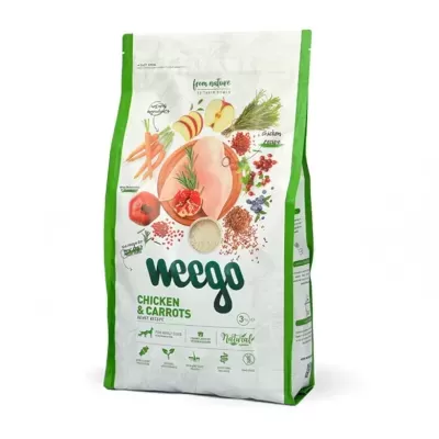 Saco de ração Weego Chicken & Carrots para cães com design natural e ingredientes visíveis