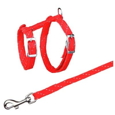 Trela e peitoral vermelho para cão com acessórios metálicos