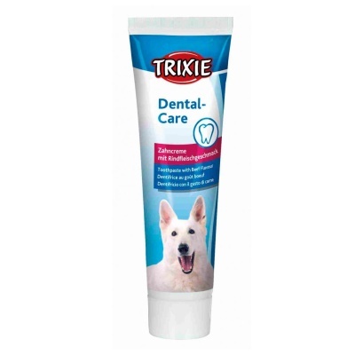 Tubo de pasta dentífrica para cães TRIXIE azul e branco com foto de cão