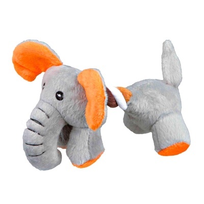 Pelúcia de elefante cinzenta e laranja com orelhas grandes e patas coloridas
