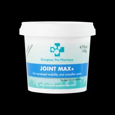 Suplemento alimentar para cães JOINT MAX+ em pote branco com rótulo azul e verde