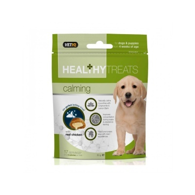 Embalagem de snacks para cães VETIQ HEALTHY TREATS calming com imagem de cão