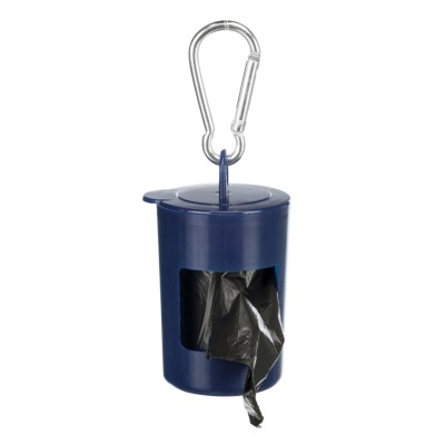 Dispenser portátil azul com saco preto e mosquetão prateado