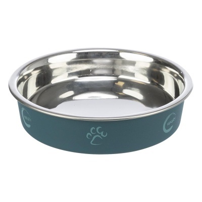 Taça de aço inox para animais com banda azul turquesa e decoração de patas.
