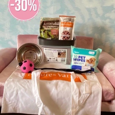 Produtos para cães com saco, bola, taça metálica, recipiente plástico, snacks e toalhitas numa cadeira rosa