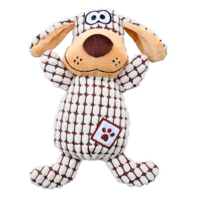 Pelúcia de cão com padrão quadrado branco e castanho e focinho bege