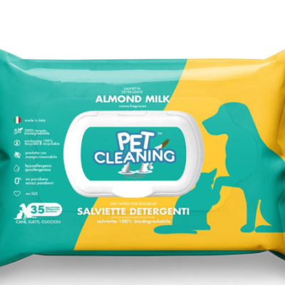 Embalagem de toalhitas húmidas para animais de estimação verde e amarela com texto PET CLEANING