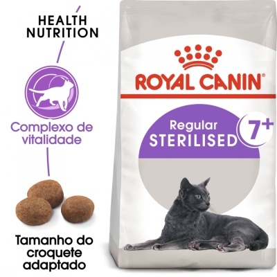 Embalagem branca e lilás de ração Royal Canin para gatos esterilizados 7+ com gato cinzento na frente