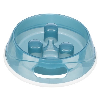 comedouro para animais azul transparente em plástico com base branca