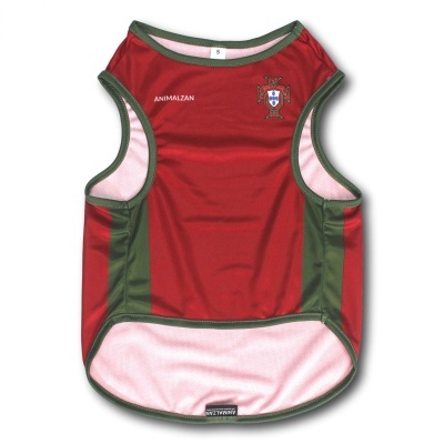 Colete para cão vermelho com bordas verdes e interior branco, com texto ANIMALZAN e brasão de Portugal.