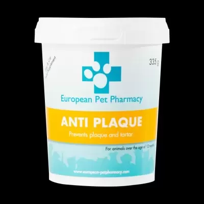 Embalagem branca de suplemento anti-tártaro para animais da European Pet Pharmacy