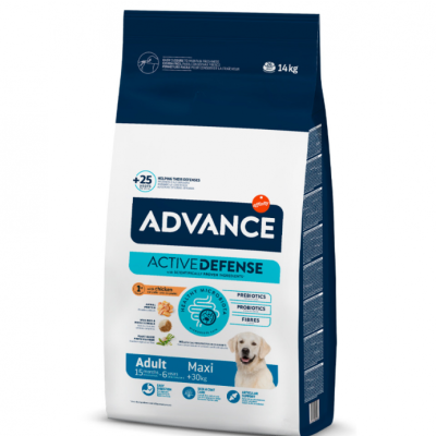 Saco de comida para cães ADVANCE ACTIVE DEFENSE com imagem de cão e texto em azul e branco