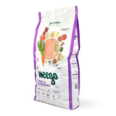 Saco de ração Weego sabor Turkey & Blueberries com ilustrações de ingredientes naturais