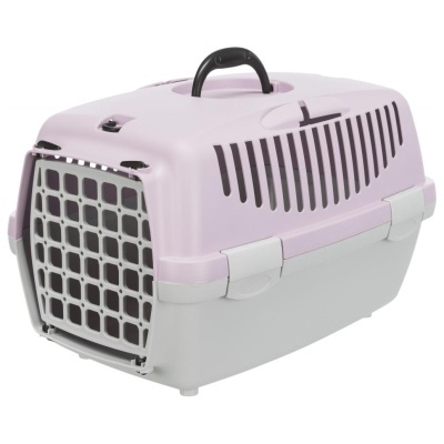 Transportadora de animais rosa claro e cinza com porta de grelha cinza