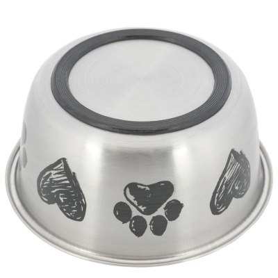 Taça para animal em aço inoxidável com pegadas e corações pretos e base antiderrapante preta