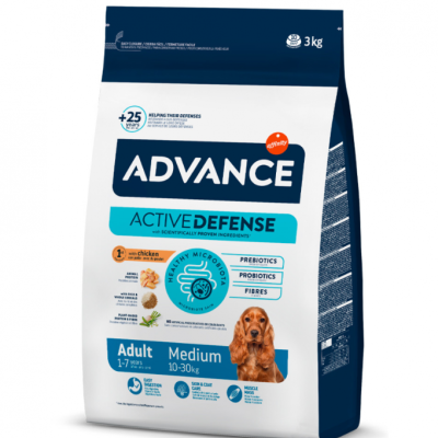 Pacote de ração ADVANCE ACTIVE DEFENSE para cães adultos de porte médio 10-30 kg com imagem de cão.