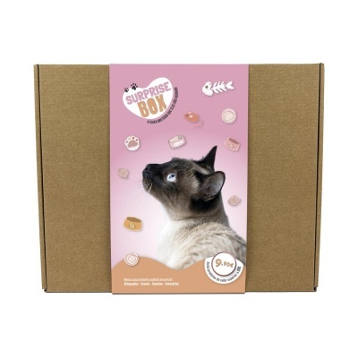 Caixa de surpresa para gatos com etiqueta rosa e imagem de gato Siamês