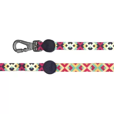 Trela para cão colorida com padrão geométrico e acessórios metálicos