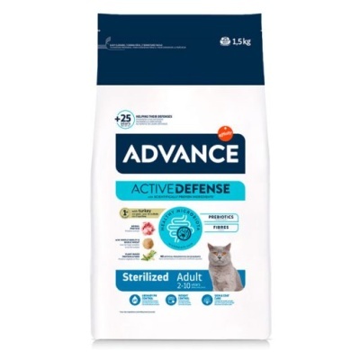Saco de ração para gato Advance Active Defense 1,5kg com imagem de gato cinzento