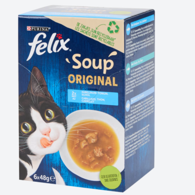 Embalagem azul de comida húmida para gatos Purina Felix Soup Original com gato e sopa