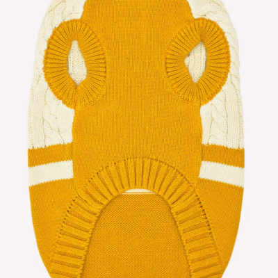 Camisola de malha amarelo mostarda para cão com mangas brancas e riscas