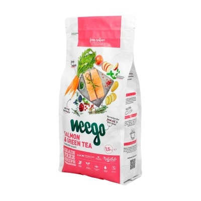 Saco rosa e branco de comida para gatos Weego com salmão e chá verde