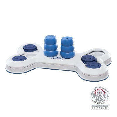 Brinquedo interativo para cães em forma de osso com tampas e torres azuis