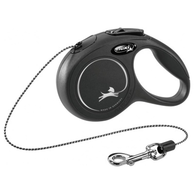 Trela retrátil preta para cães com cabo de corda e gancho metálico