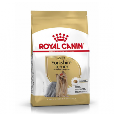 Saco de ração Royal Canin para Yorkshire Terrier adulto, dourado e branco com logo vermelho