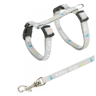 Coleira e trela para gato cinzenta com texto Kitty Cat e padrões coloridos