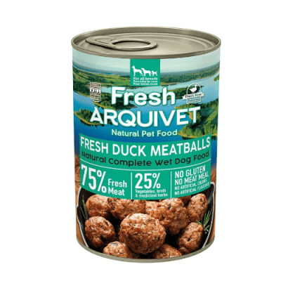Lata de comida para cães Fresh Arquivet com almôndegas de pato e informações sobre ingredientes