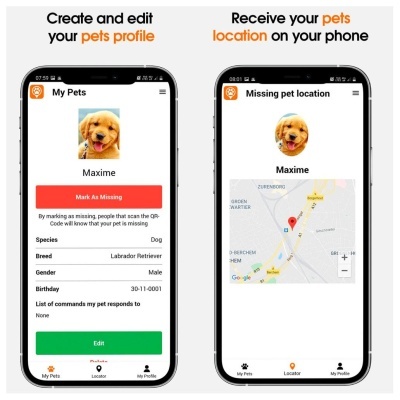 Dois ecrãs de app para animais com perfil e localização de um cão Labrador Retriever chamado Maxime