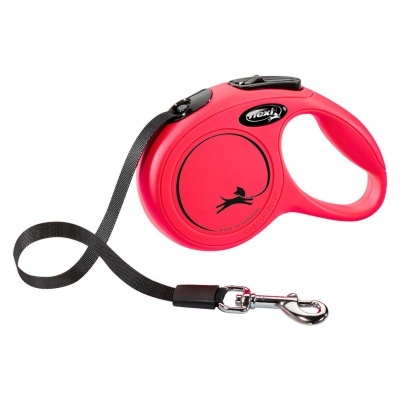 Trela retrátil vermelha para cães com fita preta e gancho metálico