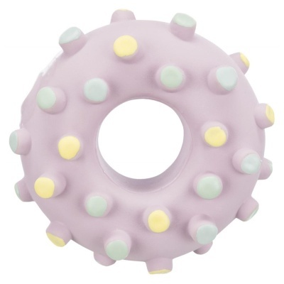 Brinquedo anel cor de rosa claro com relevos amarelos e verdes