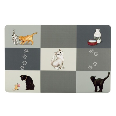 tapete quadrados cinzentos e bege com desenhos de gatos e objetos