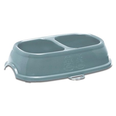 Taça dupla de plástico azul com símbolos gravados de cão e gato