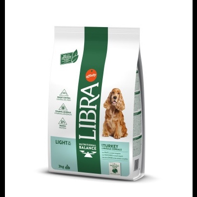 Saco de ração para cães Libra Light sabor Turkey & Whole Cereals com imagem de cão castanho