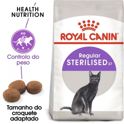 Embalagem de ração para gatos Royal Canin Regular Sterilised 37 com texto e imagem de gato