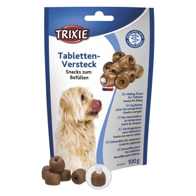 Pacote azul e branco de snacks para cães da marca TRIXIE com imagem de cão e snacks castanhos.