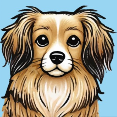 Desenho de cão castanho e branco com olhos grandes fundo azul