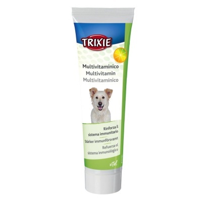Tubo de suplemento multivitamínico para cães TRIXIE com imagem de cão e texto em várias línguas