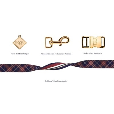 Placa de identificação dourada, mosquetão, fecho e fita xadrez para acessórios